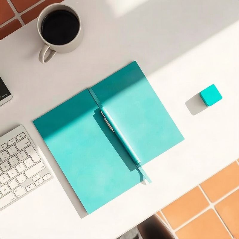 Escritorio minimalista con teclado, cuaderno y papelería teal